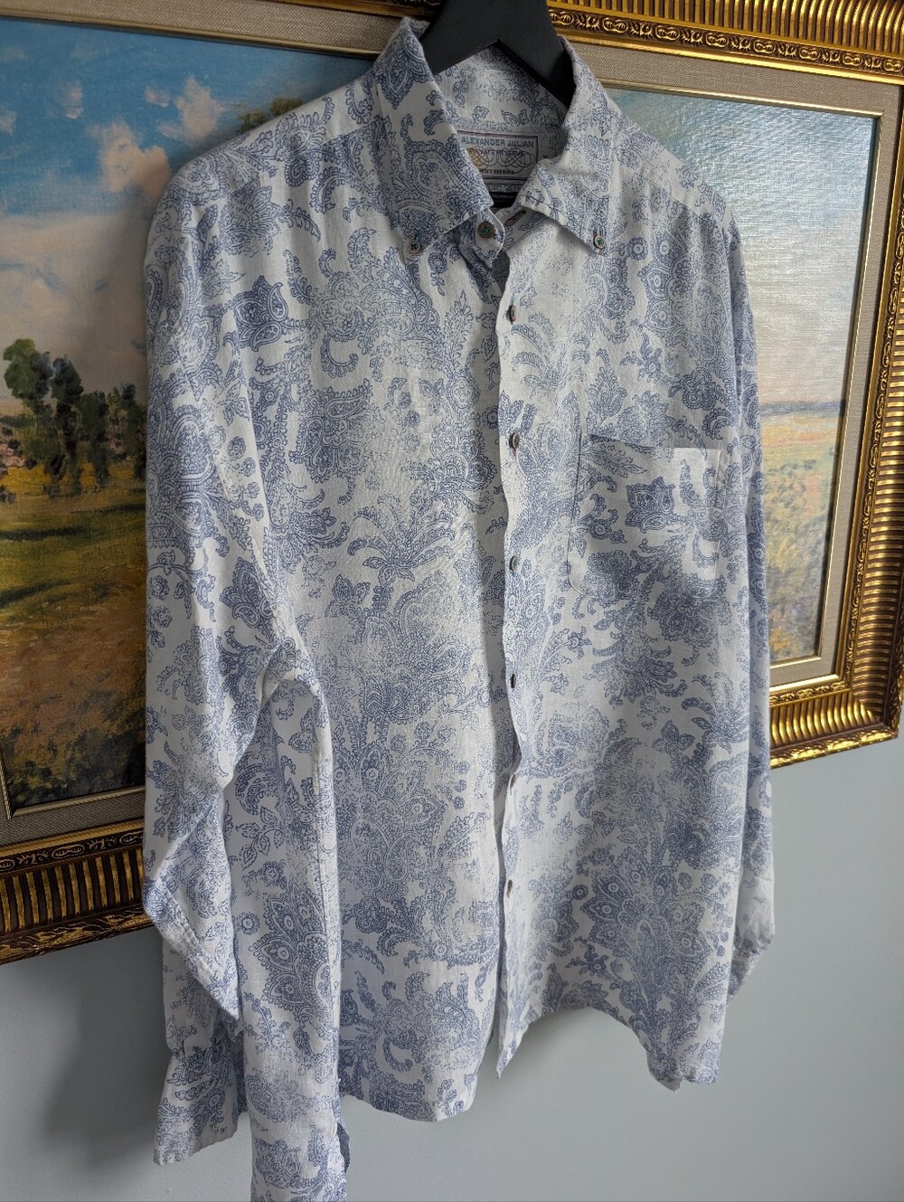 Alexander Julian 100% Linen Blue Paisley Button-Down Shirt